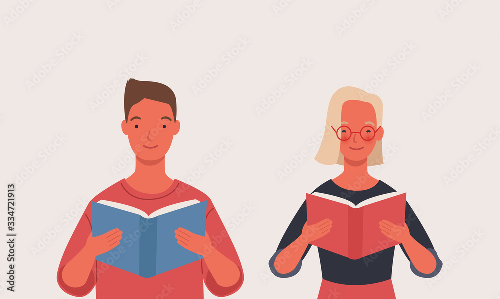 Teenager boy and girl reading a book or students studying. Vector illustration in a flat style