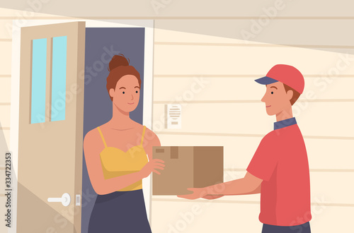 Woman getting package from courier. Delivery man and customer at door. Vector illustration in a flat style