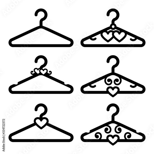 Vector silhouettes of wedding hangers. Laser cutting templates. Wedding celebration decor for groom, bride, bridesmaid and groomsman .Vector illustration isolated on white background.