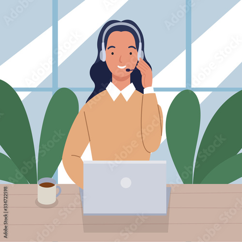 Woman working in a call center with laptop on desk and headset. Concept of customer service and communication. Vector illustration in a flat style