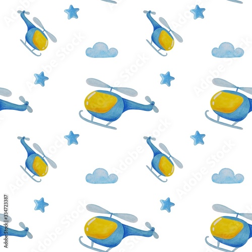 Seamless watercolor cute pattern with helicopter, clouds and stars on white background