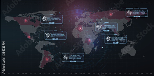 Coronavirus text outbreak with the world map in style HUD.  Circle element cyber futuristic concept. Virus danger, infected places on earth. Red lesions of coronavirus. World pandemic 2020. Vector