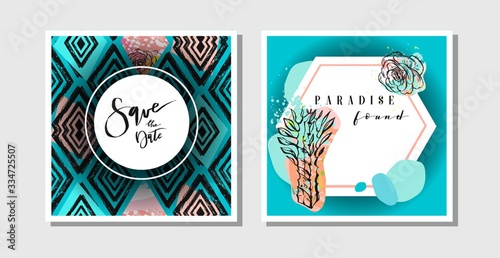 Hand drawn vector abstract creative collage freehand textured save the date greeting cards collection set template with succulent flowers and cactus plants isolated.Wedding,save the date,birthday