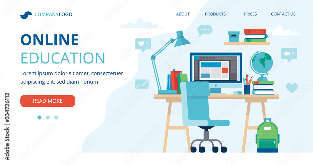 Online education concept with a student desk, computer, lamp, and books. Landing page template, vector illustration in flat style.
