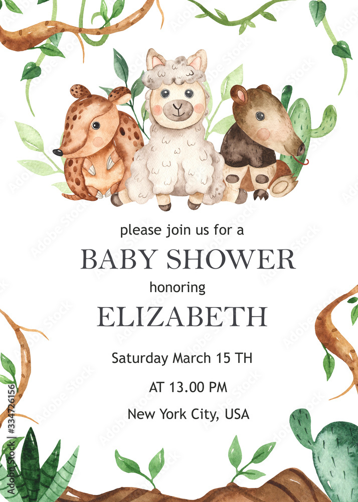 Watercolor baby shower with cute babies llama, armadillo, anteater and cacti