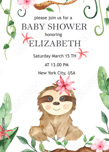Watercolor baby shower with cute babies sloth and tropical leaves, creepers, flowers