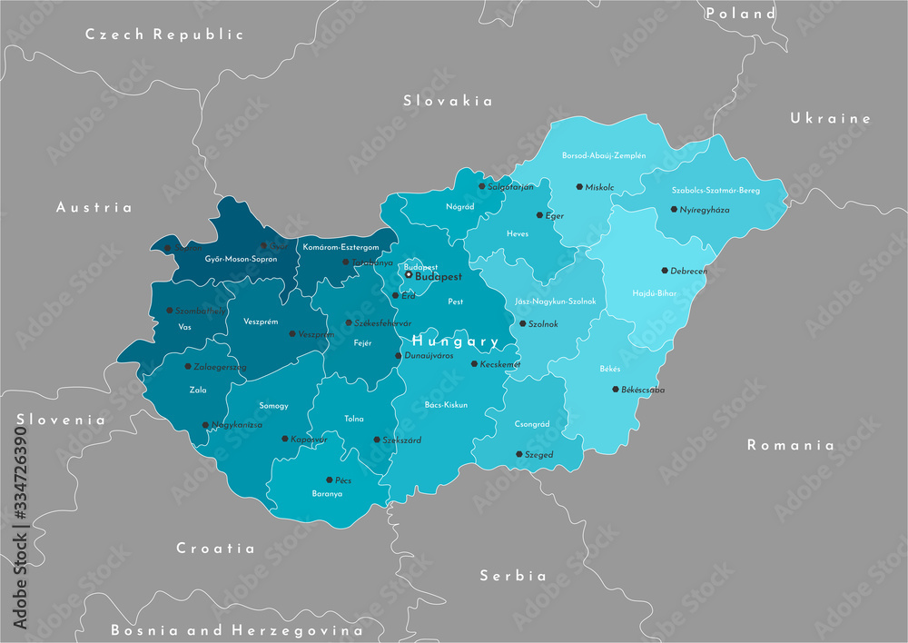 Vector modern illustration. Simplified administrative map of Hungary (in blue) and borders with neighboring countries. Names of hungarian cities and counties