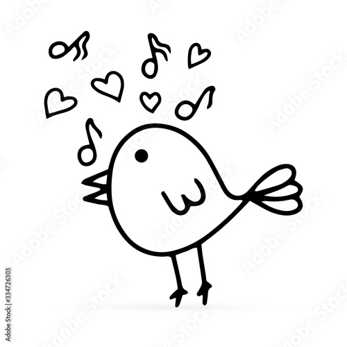 Doodle song bird wirh note and heart icon isolated on white. Line art animal. Spring kids hand drawing. Vector stock illustraton