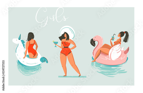 Hand drawn vector cartoon summer time fun beach girls collection illustration set with swimming pool float unicorn and flamingo rings and retro girl in hat with cocktail isolated on blue background
