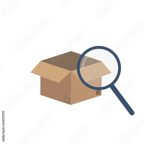 Carton box with magnifying glass icon isolated on white background. Parcel examination concept. Flat vector illustration.