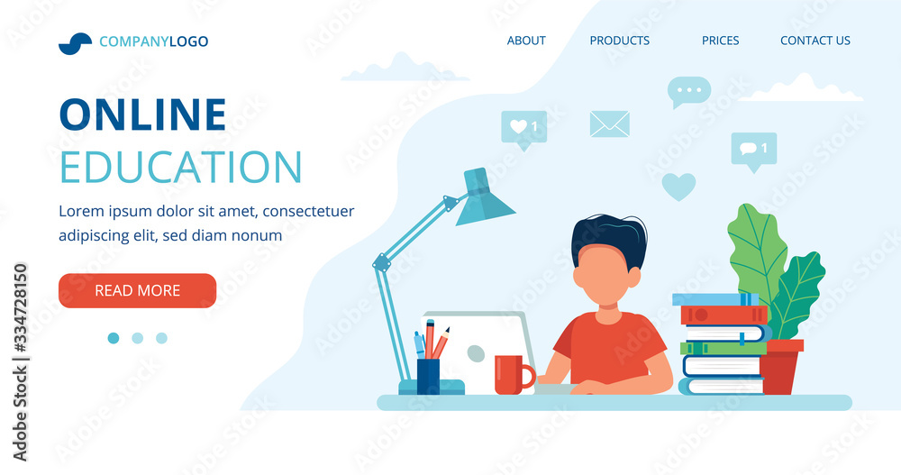 Online education concept with a boy, computer, lamp, and books. Landing page template, vector illustration in flat style. Online education concept with a boy, computer, lamp, and books. Landing page template, vector illustration in flat style.