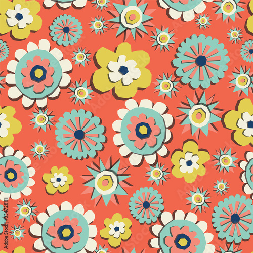 Vector paper cut style flowers seamless pattern