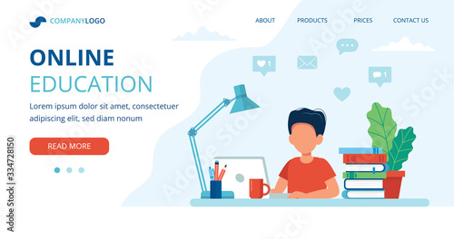 Online education concept with a boy, computer, lamp, and books. Landing page template, vector illustration in flat style.