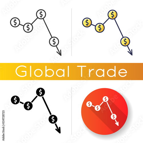 Crysis, currency depreciation icon. Inflation, exchange rates decline. Commerce, business fail and profit reduction. Linear black and RGB color styles. Isolated vector illustrations