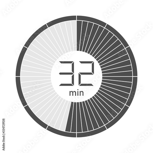The 32 minutes stopwatch icon, digital timer. Vector illustration.
