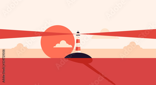 Lighthouse with ocean or sea beach view on background in flat style. Vector marine navigation.Nature seascape background, concept