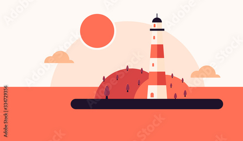 Lighthouse with ocean or sea beach view on background in flat style. Vector marine navigation.Nature seascape background, concept