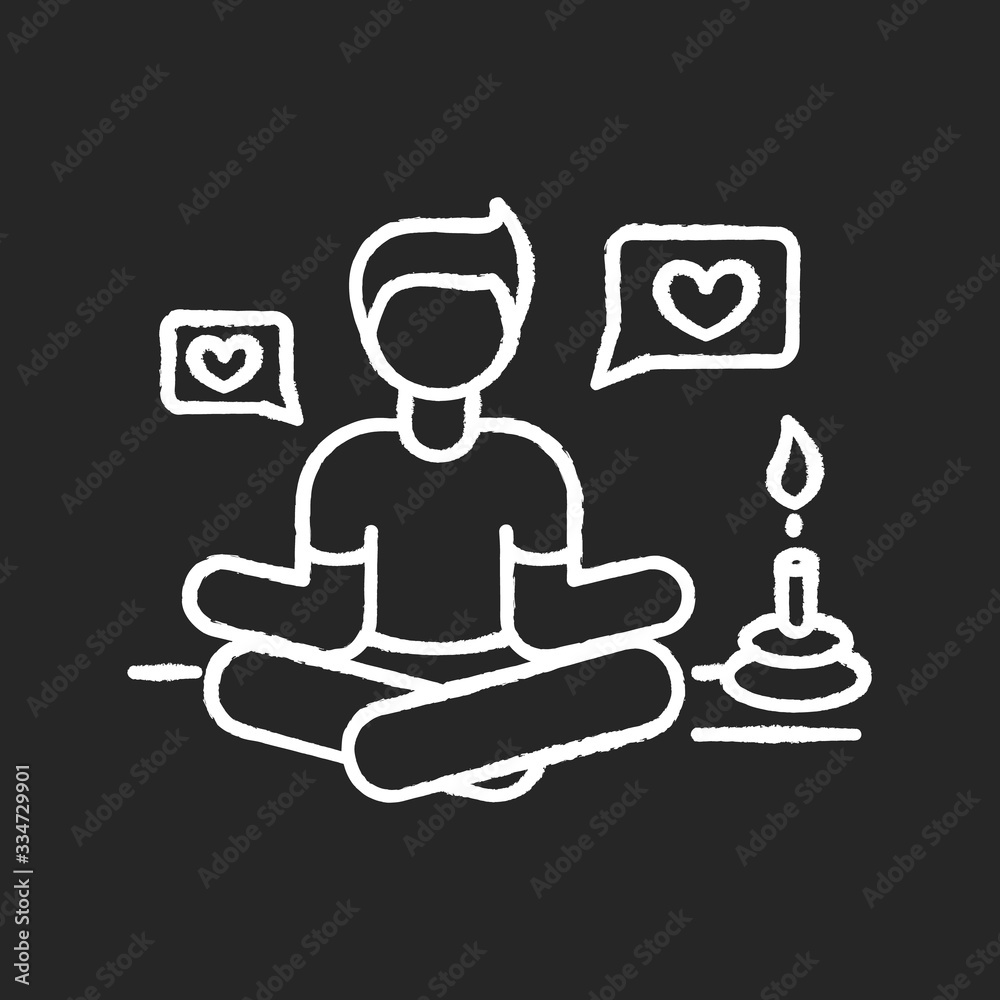 Lifestyle guru chalk white icon on black background. Person in meditation pose getting likes. Harmony and stress relief. Life coach. Zen and yoga. Isolated vector chalkboard illustration