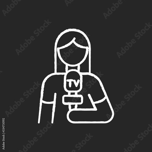 Journalist chalk white icon on black background. Person delivering news. Woman holding microphone. Broadcasting on television. Mass press presenter on tv. Isolated vector chalkboard illustration