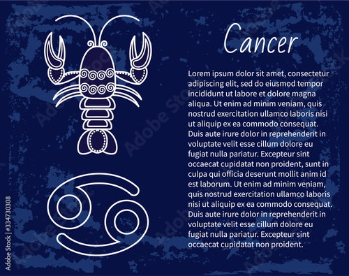 Cancer sign of horoscope with sketch depiction of lobster or crab. Astrological symbol in circle. June and july ruling months of sign. Decorative design of zodiacal element. Vector in flat style