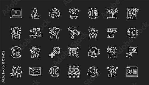 Social media promotion chalk white icons set on black background. Digital marketing with influencers. Product promotion. Loyal audience. Top review. Isolated vector chalkboard illustrations