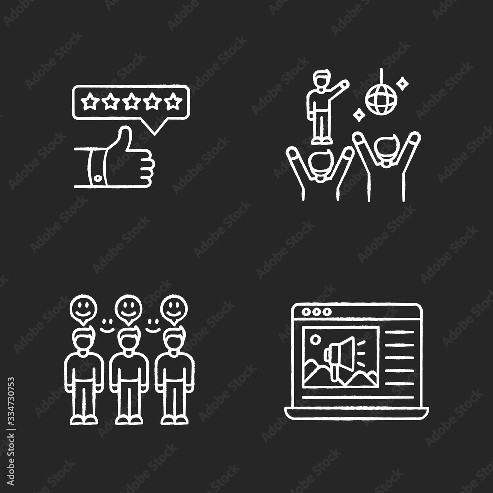 Social media marketing chalk white icons set on black background. Review rating. Fan meeting. Loyal audience. Advertisement insert. Social media marketing. Isolated vector chalkboard illustrations
