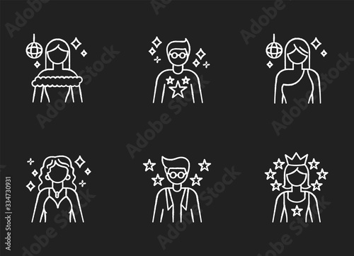 Popular celebrity chalk white icons set on black background. Famous female and male actors. Talent show star. Successful entertainer. Stylish idol. Isolated vector chalkboard illustrations
