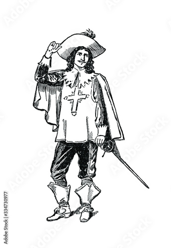 Musketeer Vintage Engraved line art drawing black and white Illustration