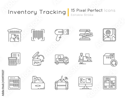 Inventory tracking pixel perfect linear icons set. Warehousing, goods receipt and return, inventory. Customizable thin line contour symbols. Isolated vector outline illustrations. Editable stroke