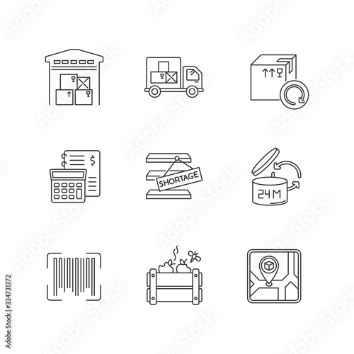 Inventory management pixel perfect linear icons set. Storage place, spoilage and purchase returns. Customizable thin line contour symbols. Isolated vector outline illustrations. Editable stroke