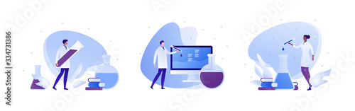 Science chemistry laboratory concept. Vector flat person illustration set. Man and woman scientist with formula sign. Lab equipment. Experiment test tube, computer screen. esign for teamwork banner