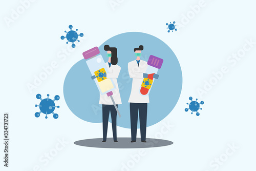 Female and male medical scientist carry big syringe and needle filled with vaccine for treating covid-19 and infected blood specimen in test tube. Concept coronavirus and laboratory character design.