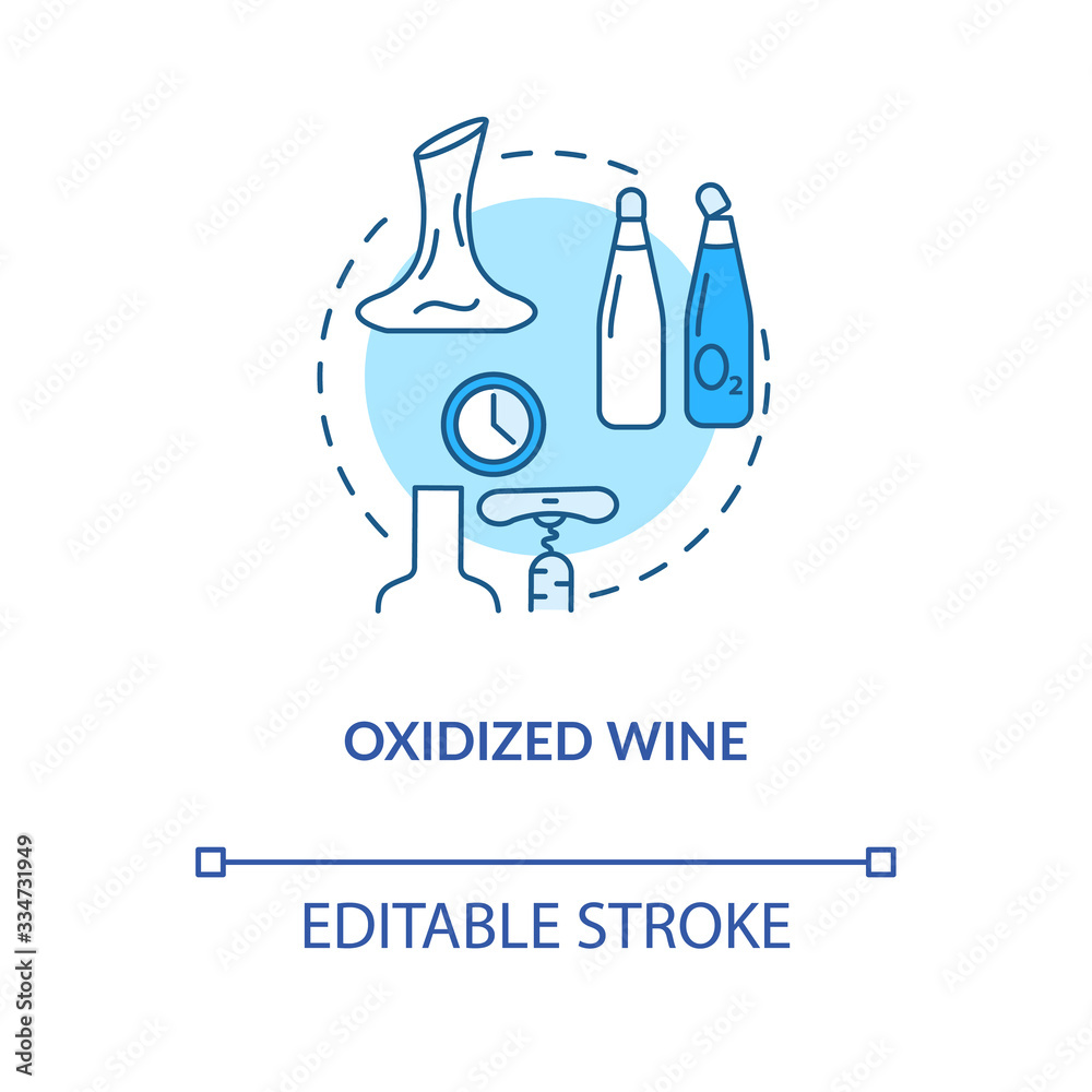 Oxidized wine concept icon. Alcohol drink flaws indication, winetasting idea thin line illustration. Heat damage, oxygen exposure signs. Vector isolated outline RGB color drawing. Editable stroke