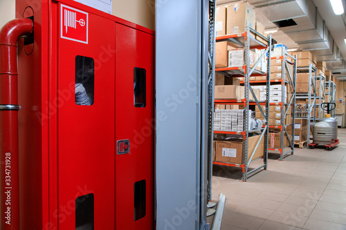 firehose in warehouse. Fire safety. fire and safety equipment