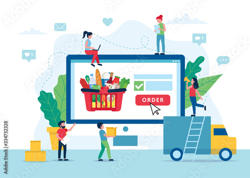 Grocery delivery concept. Order food online. Small people characters, computer with cart and order. Vector illustration in flat style
