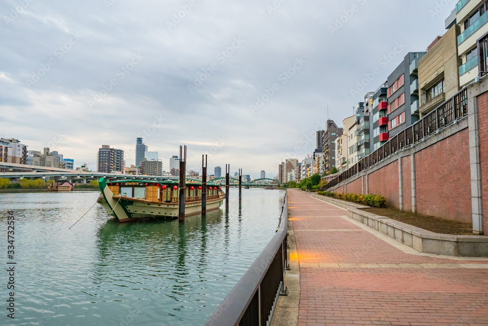 Fototapeta premium Japan. Tokyo in autumn day. Dock on the island of Odaibo. Japanese-style ferry is parked near the shore. Embankment View of Tokyo from the island of Odaibo. Travel to Japan. Regions of Japan