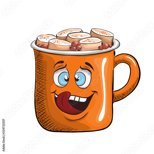 Cup of coffee with a sweet face filled with a hot drink and marshmallows. Vector for design t-shirts typography cards and posters. Funny cartoon picture in a flat style.