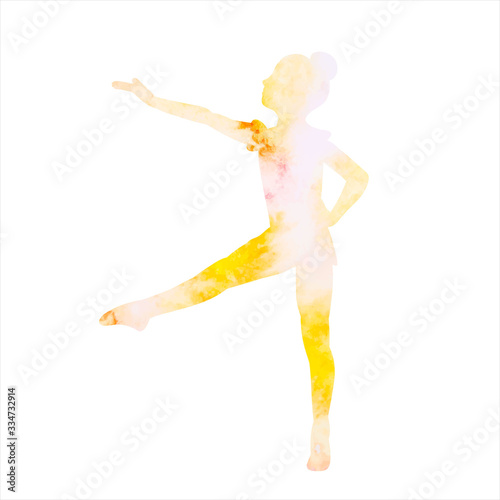 vector, isolated, watercolor silhouette yellow girl gymnast