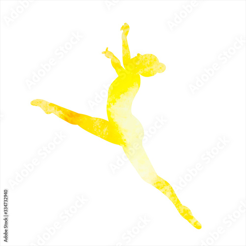 isolated, watercolor silhouette yellow girl gymnast jumping