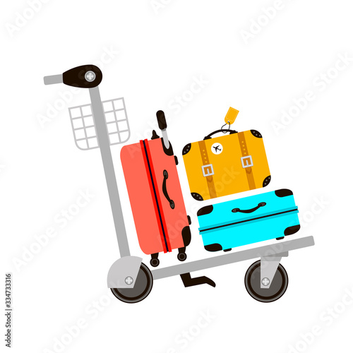 Suitcases on airport luggage trolley. Travel bag. Summer time. Holidays. Vacation trip. Rest