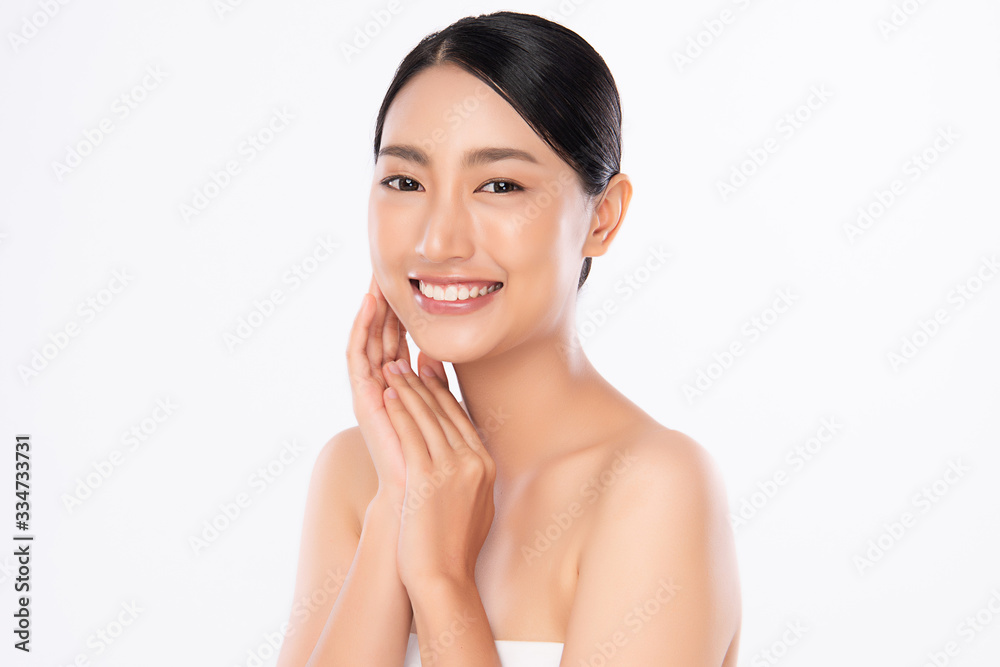 Beautiful Young Asian Woman with Clean Fresh Skin. Face care, Facial treatment, Cosmetology, beauty and healthy skin and cosmetic concept, woman beauty skin isolated on white background Beautiful Young Asian Woman with Clean Fresh Skin. Face care, Facial treatment, Cosmetology, beauty and healthy skin and cosmetic concept, woman beauty skin isolated on white background