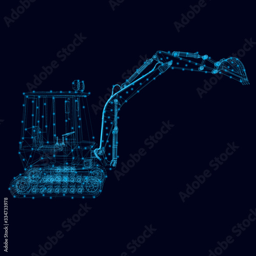 Wireframe of a small excavator of blue lines with luminous lights on a dark background. Side view. Vector illustration