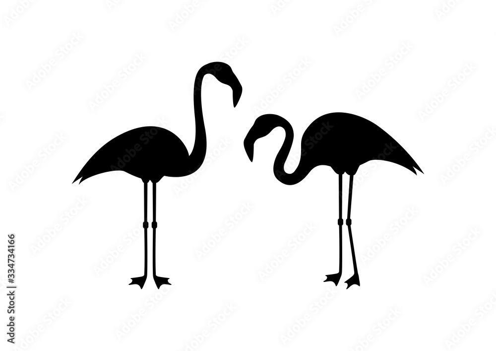 Flamingo black silhouette icon set vector. Flamingo isolated on a white backgound. Standing flamingo clip art. Flamingos couple silhouette icon