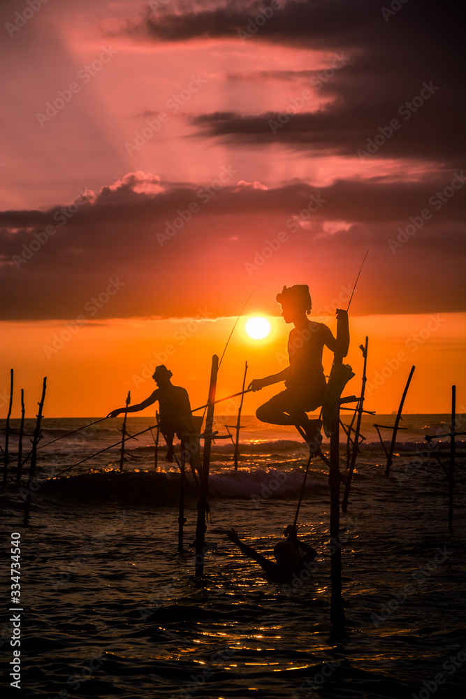 Fototapeta premium Traditional stilt fisherman at sunset in Sri Lanka