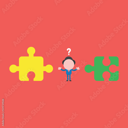 Vector illustration concept of confused businessman character with two incompatible jigsaw puzzle pieces.