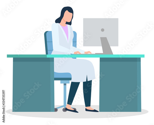 Nurse character sitting at desktop communicating with computer. Hospital element doctor female working with laptop in clinic workplace. Woman medical specialist consultation at cabinet vector