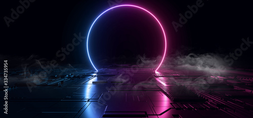 Smoke SCi Fi Futuristic Metal Reflective Schematic Textured Motherboard Floor Realistic Modern Neon Glowing Laser Circle Blue Purple Electric Shape Empty Background 3D Rendering photo