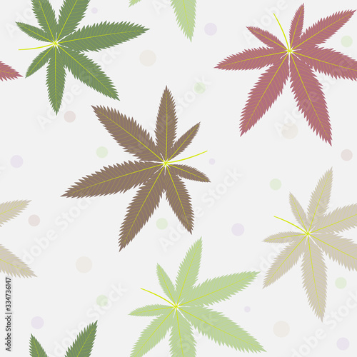 Pattern of colored hemp leaves and other decorative elements in the form of drops on a gray background, vector illustration