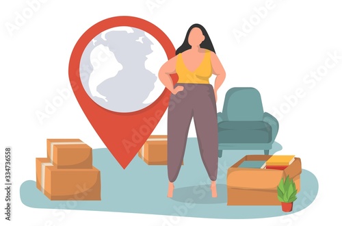 Relocation services. Apartment rent, accommodation leasing, real estate agency website design element. A woman with things folded into cardboard boxes is waiting for movers to move to a new home