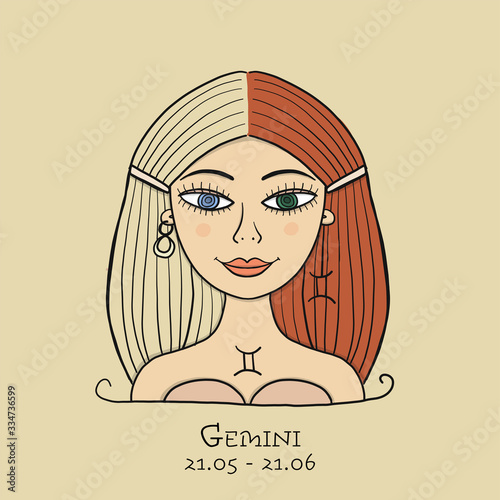 Illustration of Gemini zodiac sign. Element of Air. Beautiful Girl Portrait. One of 12 Women in Collection For Your Design of Astrology Calendar, Horoscope, Print.